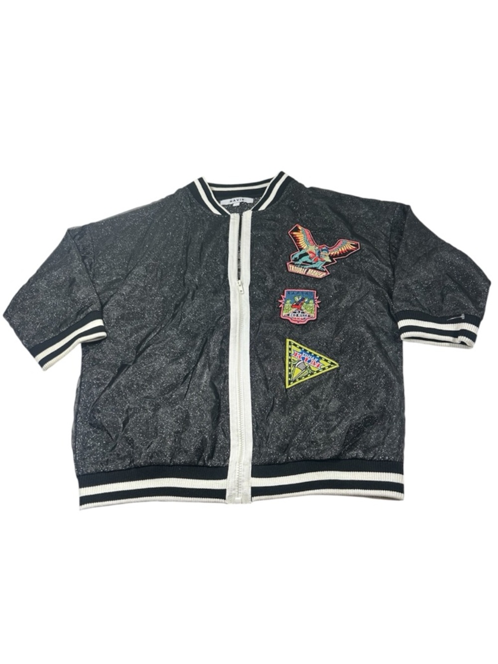 Navie Trouble Maker Shimmer‎ Bomber Jacket Black Silver Metallic Patches Large L